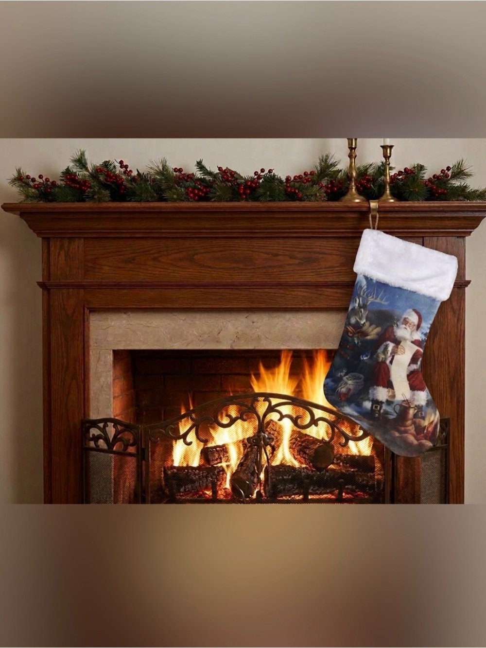 Christmas Stocking with Santa Ty and Reindeer - White Cuff